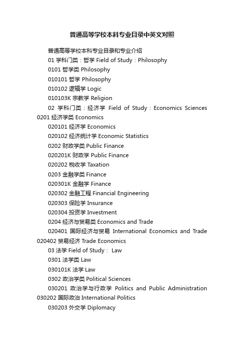 普通高等学校本科专业目录中英文对照