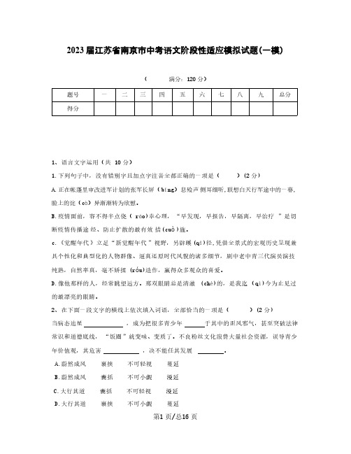 2022-2023学年江苏省南京市中考语文阶段性适应模拟试题(一模)含答案