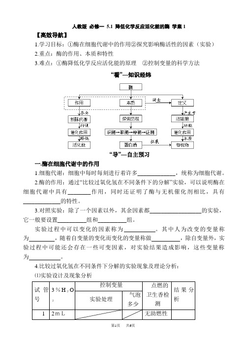 高中生物 降低化学反应活化能的酶导学案1_高一生物教案