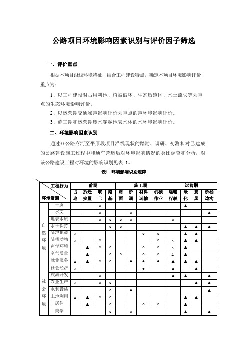 公路项目环境影响因素识别与评价因子筛选