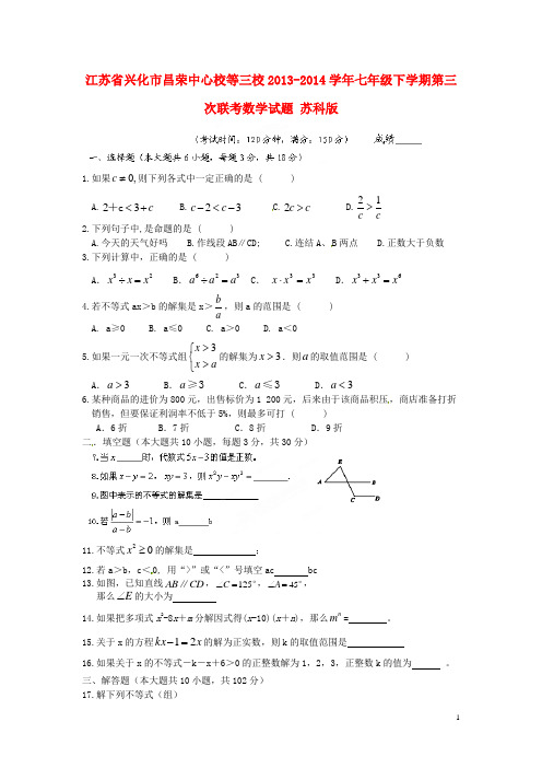 江苏省兴化市昌荣中心校等三校七年级数学下学期第三次联考试题 苏科版