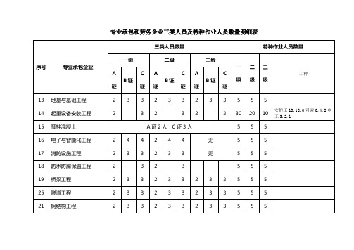 专业承包和劳务企业三类人员及特种作业人员数量明细表