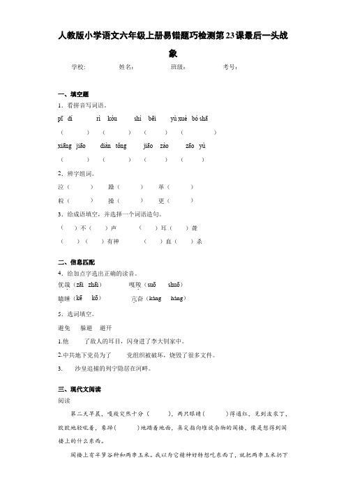 人教版小学语文六年级上册易错题巧检测第23课最后一头战象