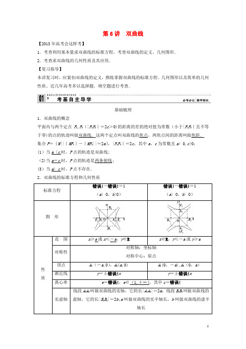 【创新方案】2013年高考数学一轮复习-第九篇-解析几何-第6讲-双曲线教案-理-新人教版