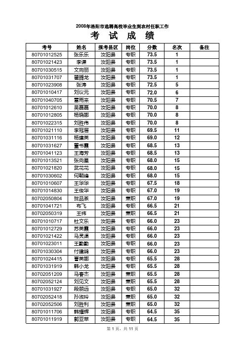 2008洛阳汝阳村官笔试成绩