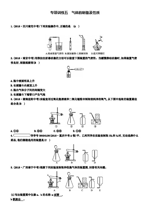 九年级化学上册专项训练五气体的制备及性质练习新人教版