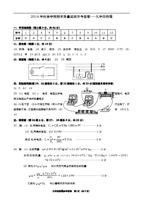 2014年秋季学期期末质量监测九年级物理参考答案