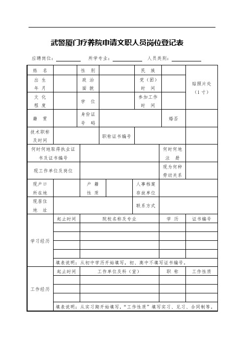 武警厦门疗养院申请文职人员岗位登记表