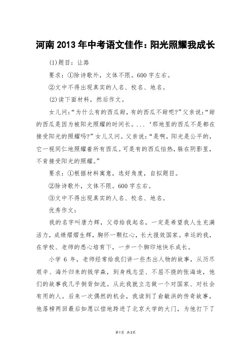 河南2013年中考语文佳作:阳光照耀我成长_中考作文