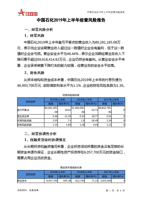 中国石化2019年上半年经营风险报告