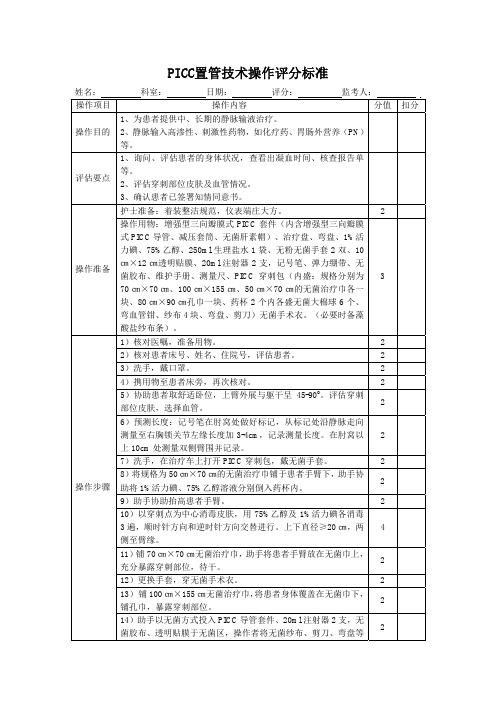 PICC置管技术操作评分标准表