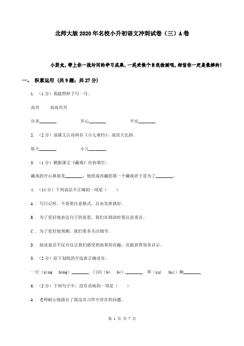 北师大版2020年名校小升初语文冲刺试卷(三)A卷