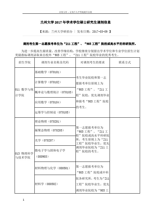 兰州大学2017年学术学位硕士研究生调剂信息