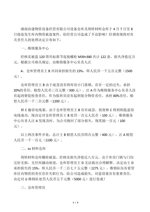 关于仓库物资被盗对有关人员的处理决定