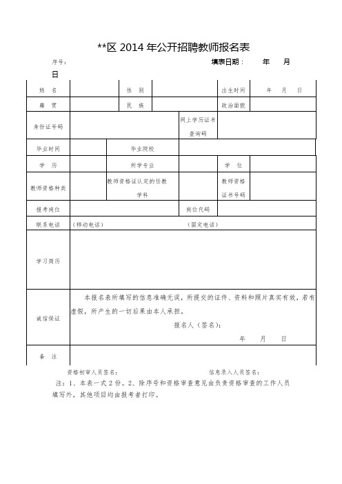 XX区2014年公开招聘教师报名表【模板】