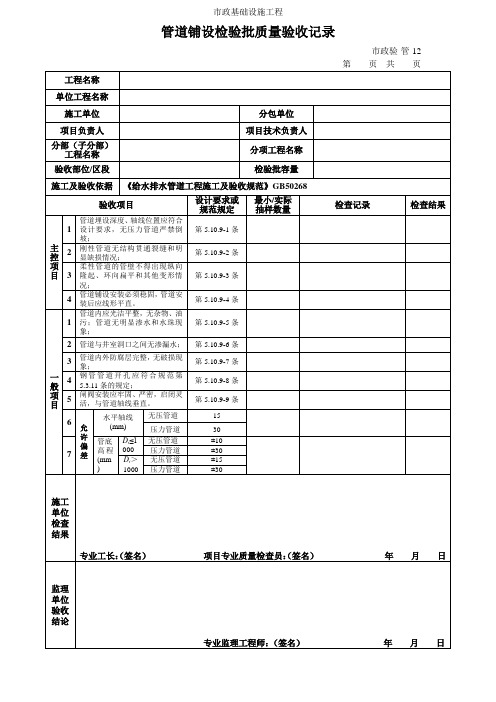 管道铺设检验批质量验收记录