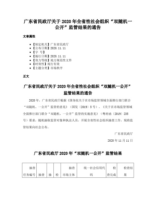 广东省民政厅关于2020年全省性社会组织“双随机一公开”监管结果的通告