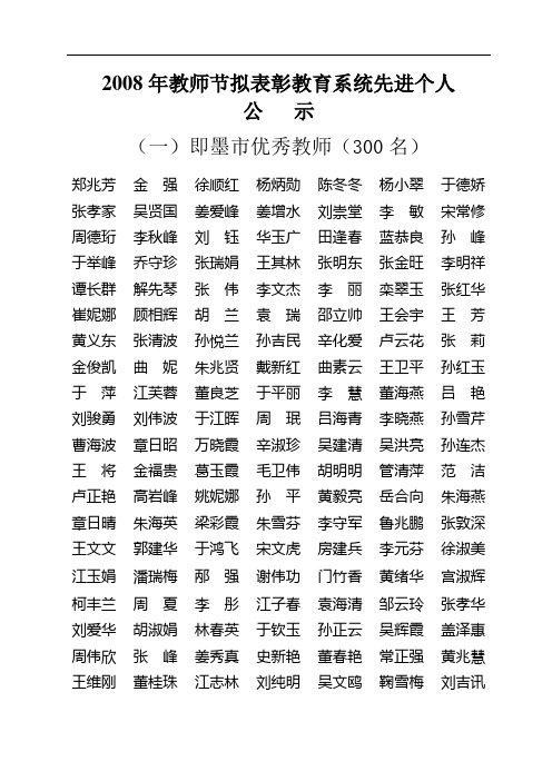2008年教师节拟表彰教育系统先进个人