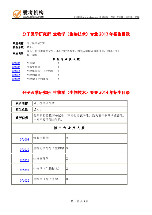 2015北京大学生物学(生物技术)考研 招生人数 参考书 报录比 复试分数线 考研真题 考研经验 招生简章