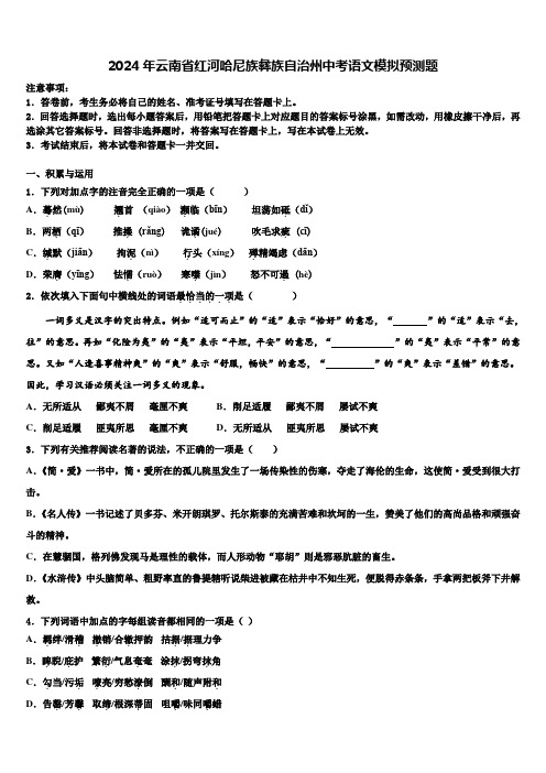 2024年云南省红河哈尼族彝族自治州中考语文模拟预测题含解析