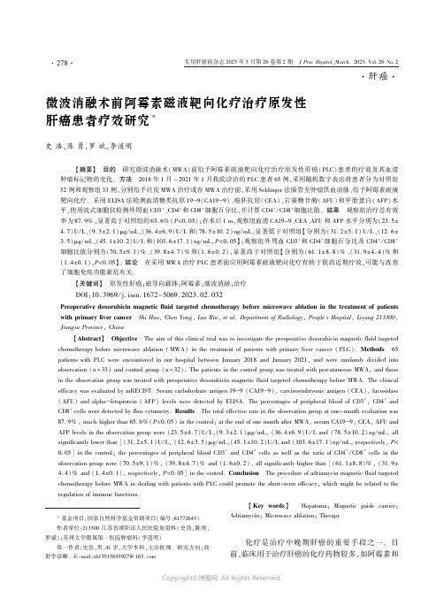 微波消融术前阿霉素磁液靶向化疗治疗原发性肝癌患者疗效研究