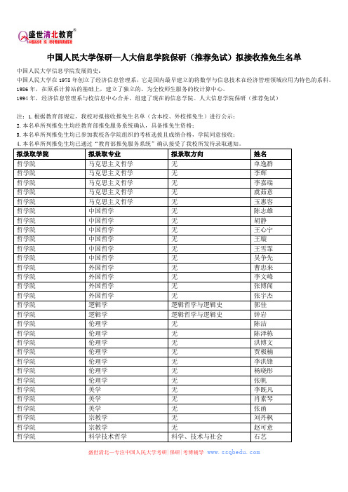 中国人民大学保研—人大信息学院保研(推荐免试)拟接收推免生名单