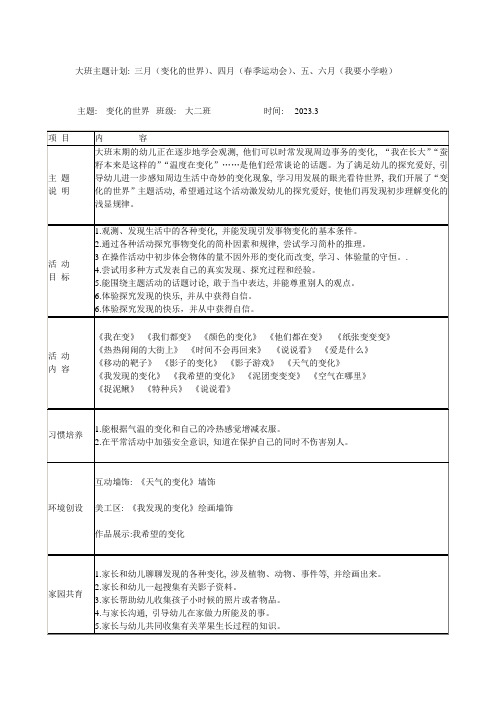 大班主题计划第二学期