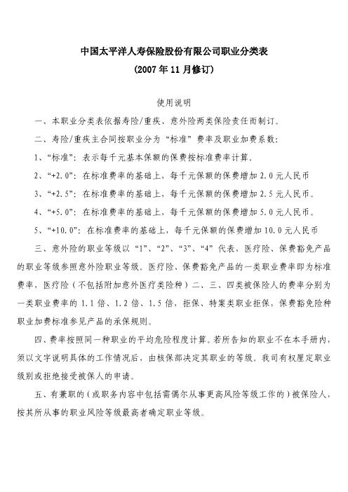 中国太平洋人寿保险股份有限公司职业分类表