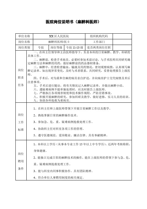 医院岗位说明书(麻醉科医师)