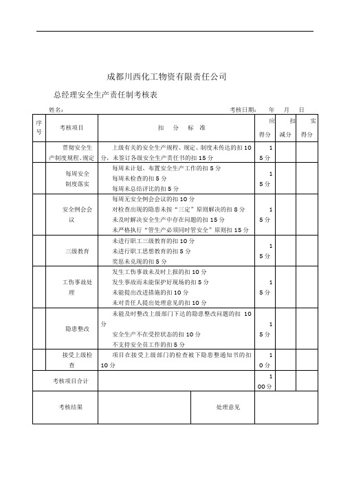 安全生产责任制考核记录表和汇总表