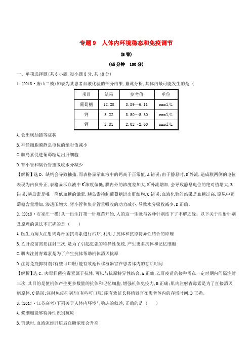 2019版高考生物二轮复习专题九人体内环境稳态和免疫调节专题能力提升练B(含答案)