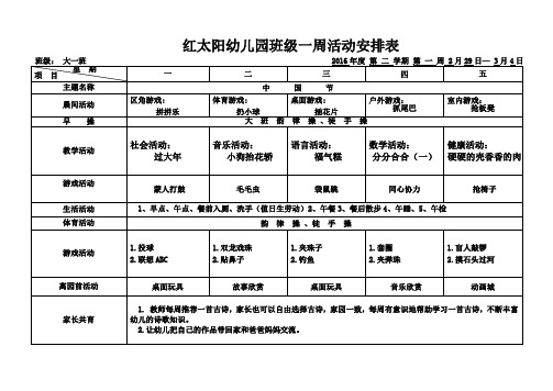 (完整word版)红太阳幼儿园班级一周活动安排表(word文档良心出品)