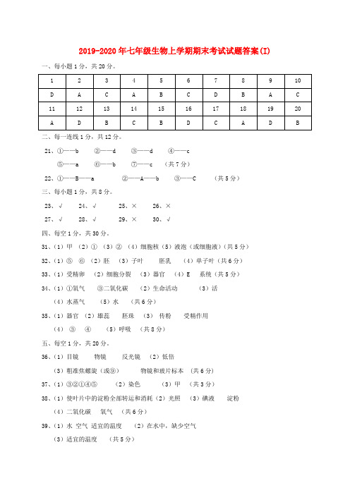 2019-2020年七年级生物上学期期末考试试题答案(I)