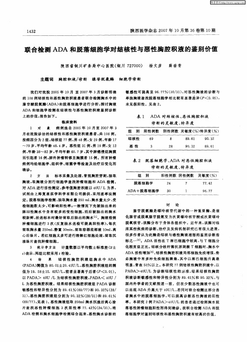 联合检测ADA和脱落细胞学对结核性与恶性胸腔积液的鉴别价值