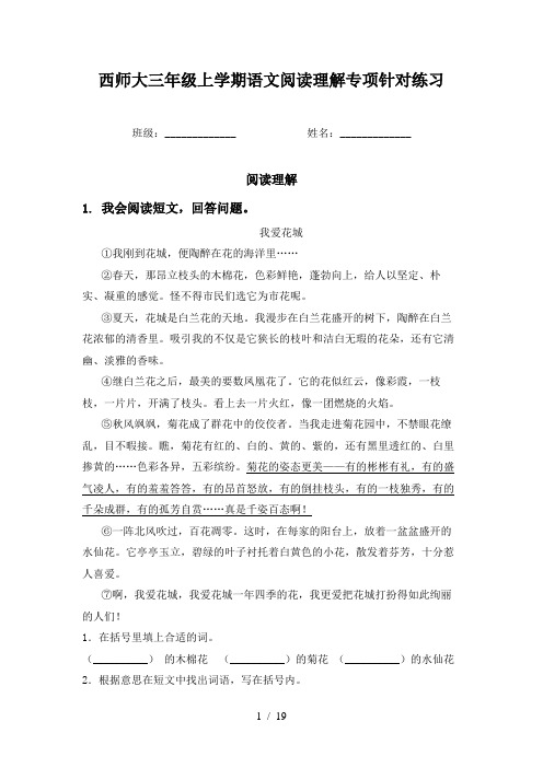 西师大三年级上学期语文阅读理解专项针对练习