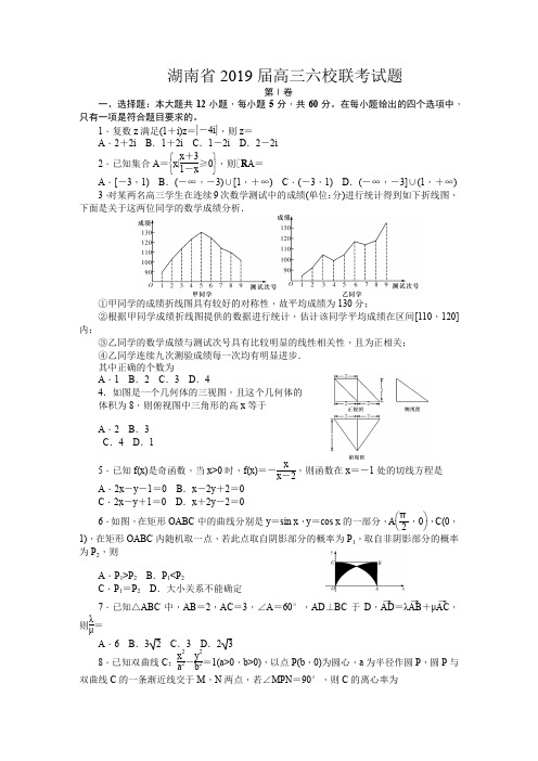 湖南省2019届高三六校联考试题(4月) 数学(理)