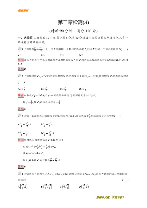 【专业资料】新版高中数学人教A版选修2-1习题：第二章圆锥曲线与方程 检测(A) 含解析