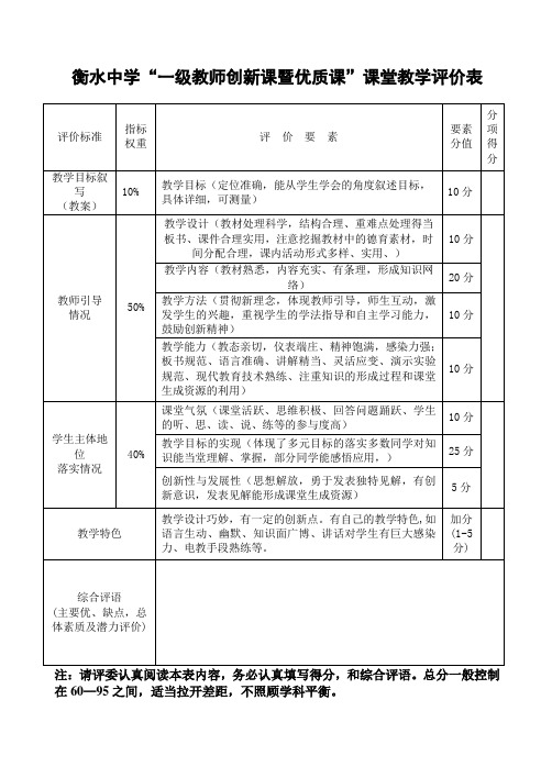 一级教师创新课课堂教学评价