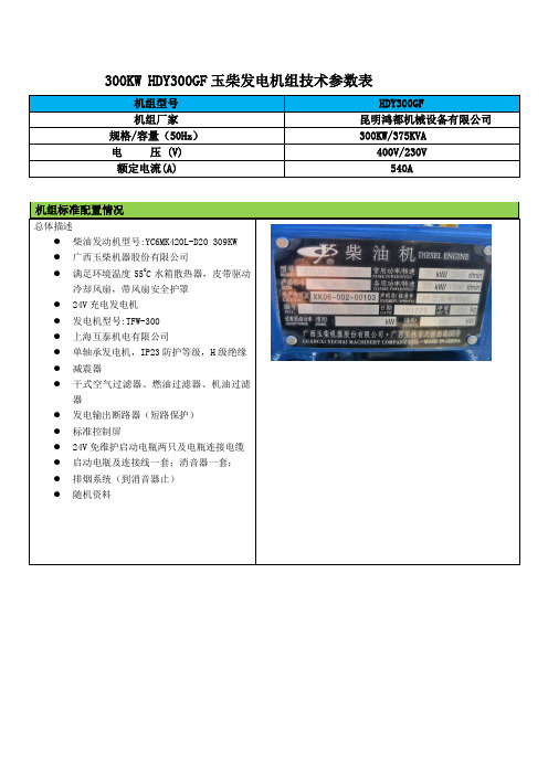 300KW玉柴发电机组技术参数 YC6MK420L-D20 309