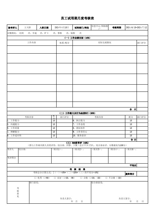 试用期月度绩效考核表-模版