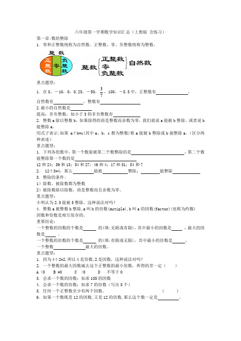 沪教版六年级(预备班)数学知识汇总(全年级配练习)