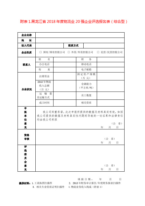 附表1.黑龙江省2018年度物流业20强企业评选报名表(综合型