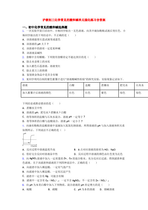 沪教初三化学常见的酸和碱单元强化练习含答案