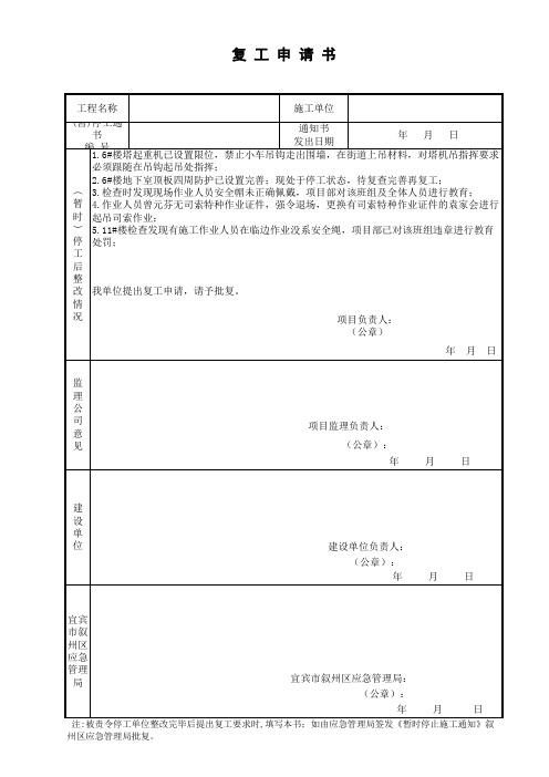 被应急管理局下停工通知后复工申请书