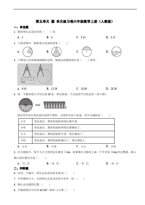 第五单元 圆 单元测试卷(含答案)2023-2024学年六年级数学上册(人教版)