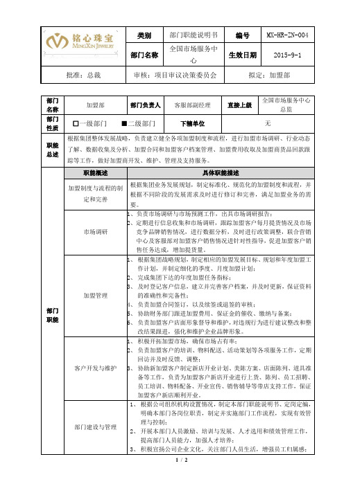 部门职能说明书-加盟部