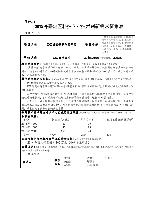 企业技术创新需求征集表填写范例