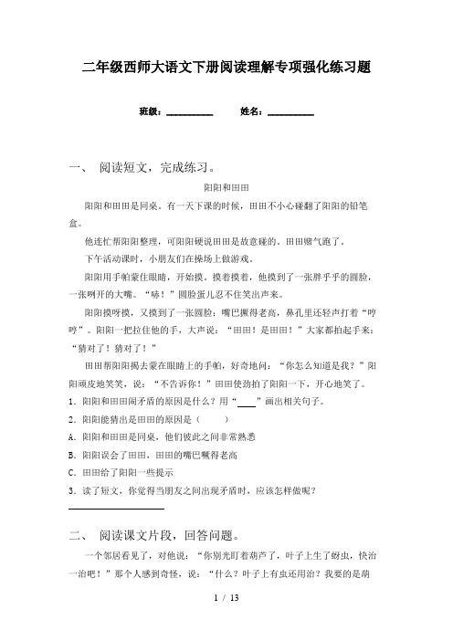 二年级西师大语文下册阅读理解专项强化练习题