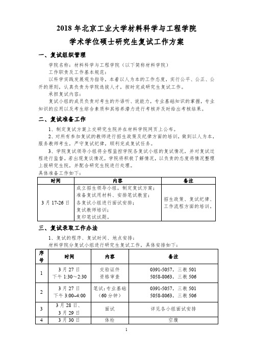 北京工业大学-材料科学与工程学院2018硕士研究生复试方案