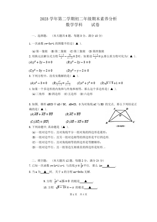 上海市进才中学北校2023-2024学年八年级下学期期末数学考试卷(无答案)